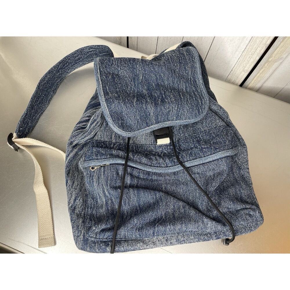Urban Outfitters Backpack - Blue Denim Canvas Buckle Drawstring Closure